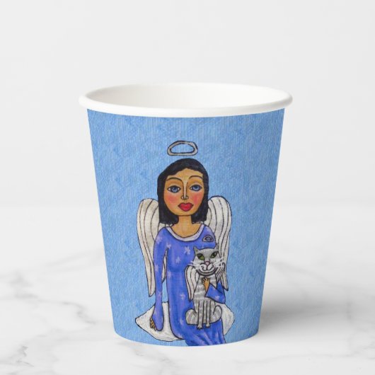 ホワイトエンジェルキャットをクラウドに保持するエンジェルブルードレス 紙コップ (正面)