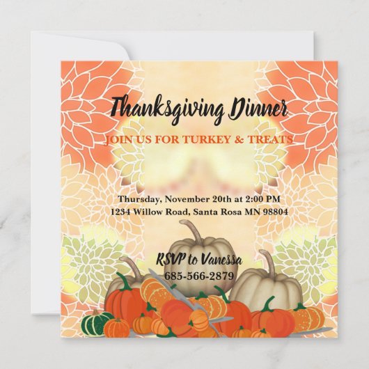 ホワイトオエレガントレンジカボンプキンス秋感謝祭 招待状 (正面)