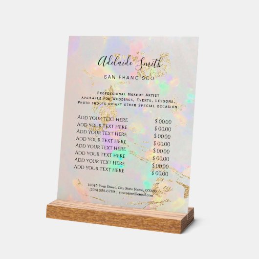 ホワイトオパール背景価格表美しいサロン アクリルサイン (傾斜)