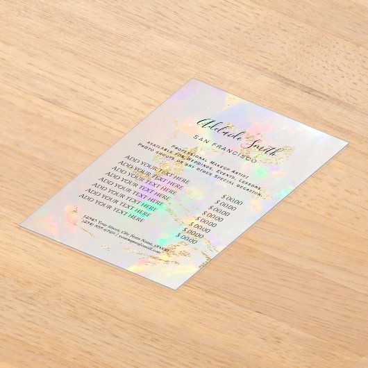 ホワイトオパール背景価格表美しいサロン アクリル招待状 (レイダウン)