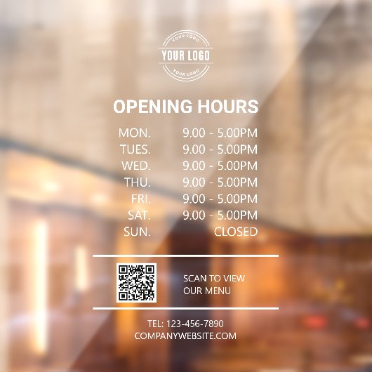 ホワイトオフィスの営業時間、ビジネスロゴ、QRコード ウィンドウサイン (シート2)