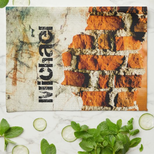 ホワイトオレンカッコいいジ古いレンガの壁のグレフィティあなたの名前 キッチンタオル (折り畳み)