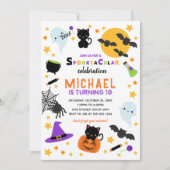 ホワイトオレンジスポオクタキュラーハロウィーン誕生日 招待状 (正面)