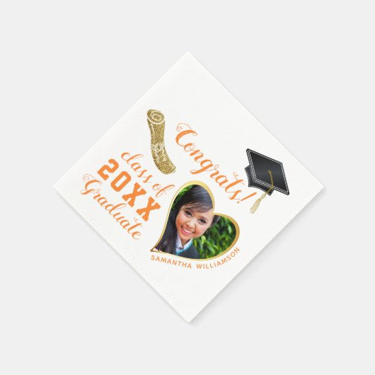 ホワイトオレンジ金ゴールドクラス2025写真卒業 スタンダードカクテルナプキン (角)