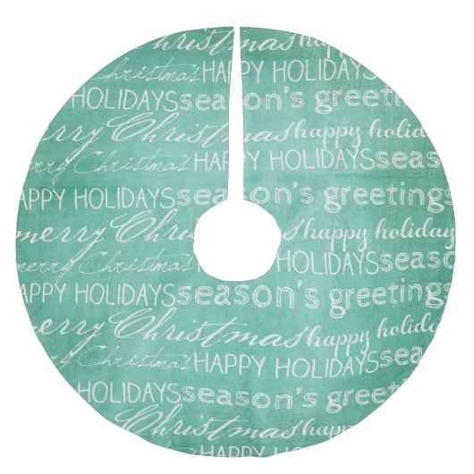 ホワイトオンアクアタイポグラフィクリスマスツリー ブラッシュドポリエステルツリースカート (正面)