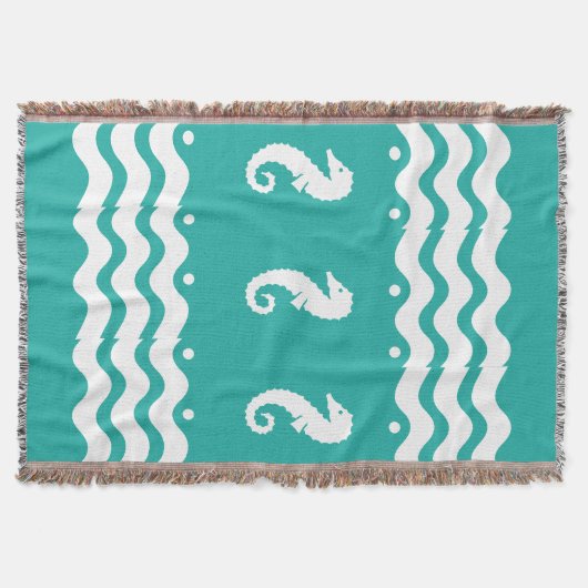 ホワイトオンティール（緑がかった色）アクアブルーシーホース海岸生活 スローブランケット (正面)