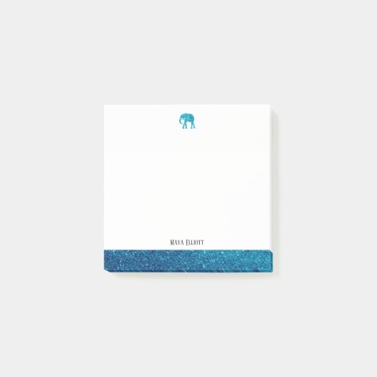 ホワイトオンティール(緑がかった色)フェイクグリッター象縁どと名前 ポストイット (正面)