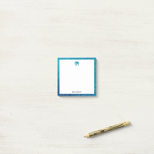 ホワイトオンティール(緑がかった色)フェイクグリッター象縁どと名前 ポストイット (デスク上)