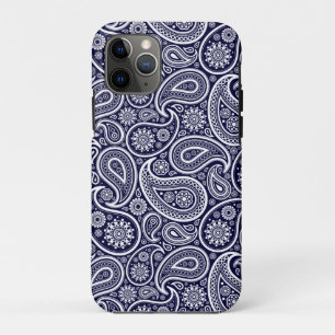 ホワイトオンネイビーブルーレトロペイズリーパターン iPhone 11 PROケース