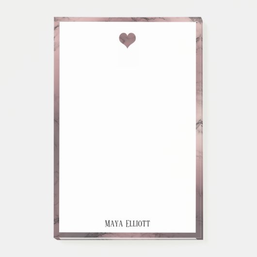ホワイトオンバラ金ゴールド大理石、ハート縁どおよび名前 ポストイット (正面)