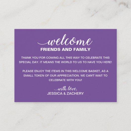ホワイトオンパープル結婚の歓迎抱き枕バスケット プレイスカード (正面)