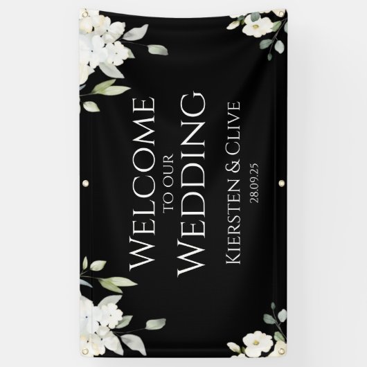 ホワイトオンブラックフローラようこそ結婚私たちのフォント 横断幕 (縦)