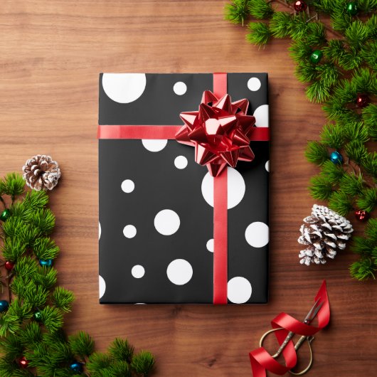 ホワイトオンブラック水玉模様パターン ラッピングペーパー (クリスマスギフト)