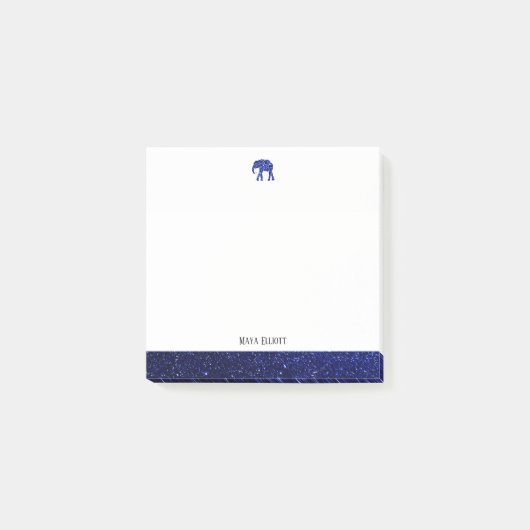 ホワイトオンブルーフェイクグリッターゾウ縁どト&名前 ポストイット (正面)