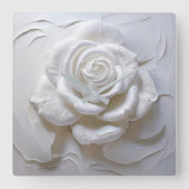 ホワイトオンホワイト – スカルプトバラ スクエア壁時計 (正面)