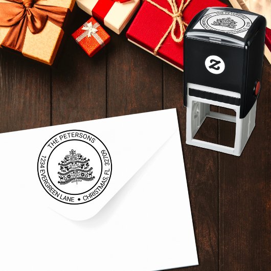 ホワイトオンレッドスカンジナビアのクリスマスツリーアドレス セルフインキングスタンプ