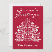 ホワイトオンレッドスカンジナビアのクリスマスツリーカレンダー シーズンカード (正面)