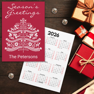 ホワイトオンレッドスカンジナビアのクリスマスツリーカレンダー シーズンカード