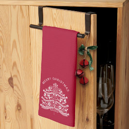 ホワイトオンレッドスカンジナビアのクリスマスツリー キッチンタオル