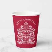 ホワイトオンレッドスカンジナビアのクリスマスツリー 紙コップ (裏面)