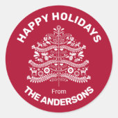 ホワイトオンレッドスカンジナビアフォークアートクリスマスツリー ラウンドシール (正面)