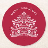 ホワイトオンレッドスカンジナビアフォークアートクリスマスツリー ラウンドペーパーコースター (正面)
