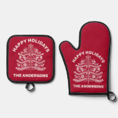 ホワイトオンレッドスカンジナビアフォークアートクリスマスツリー 鍋つかみ&鍋敷きセット (正面)