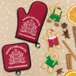 ホワイトオンレッドスカンジナビアフォークアートクリスマスツリー 鍋つかみ&鍋敷きセット