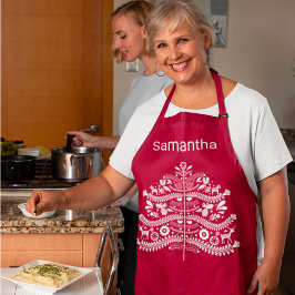 ホワイトオンレッドスカンジナビア北欧クリスマスツリー エプロン