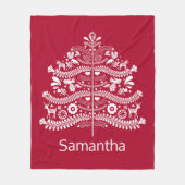 ホワイトオンレッドスカンジナビア北欧クリスマスツリー フリースブランケット (正面)