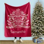 ホワイトオンレッドスカンジナビア北欧クリスマスツリー フリースブランケット