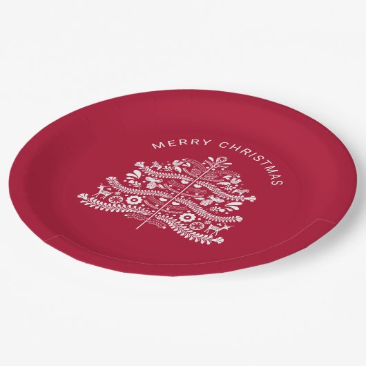 ホワイトオンレッドスカンジナビア北欧クリスマスツリー ペーパープレート (アングル)