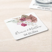 ホワイトオーキズドライパームブルゴーニュフローラ結婚ズ スクエアペーパーコースター (アングル)