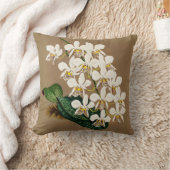 ホワイトオーキッズボタニカルプリント、タンバックグラウンド クッション (ブランケット)