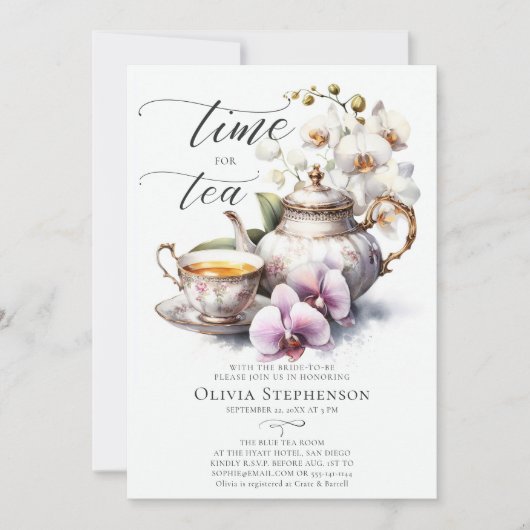 ホワイトオーキッドセエレガントットシックブライダルティーシャワー 招待状 (正面)