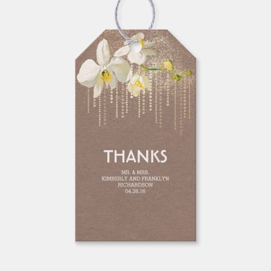 ホワイトオーキッドフラワー金ゴールドグラムヴィンテージウェディング ギフトタグ (正面)