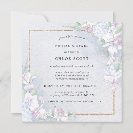 ホワイトオーキッドフローラブルーウォーターカラーブライダルシャワー 招待状 (正面)