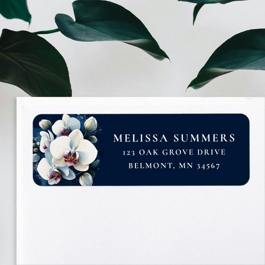 ホワイトオーキッドブルーバックグラウンド差出人住所ラベル ラベル