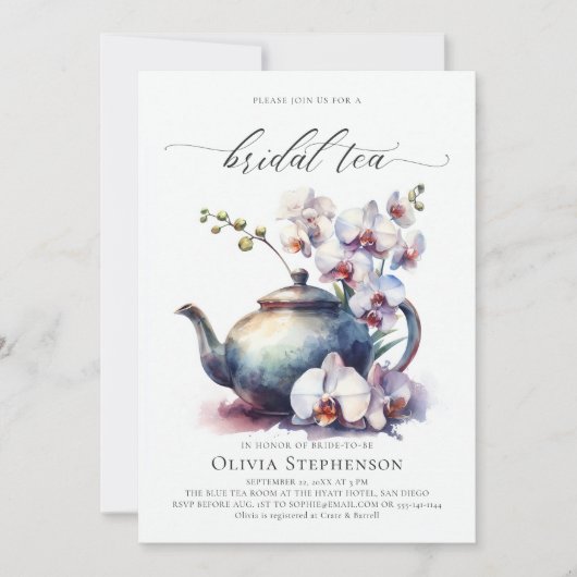 ホワイトオーキッモダンドクラシックブライダルティーシャワー 招待状 (正面)