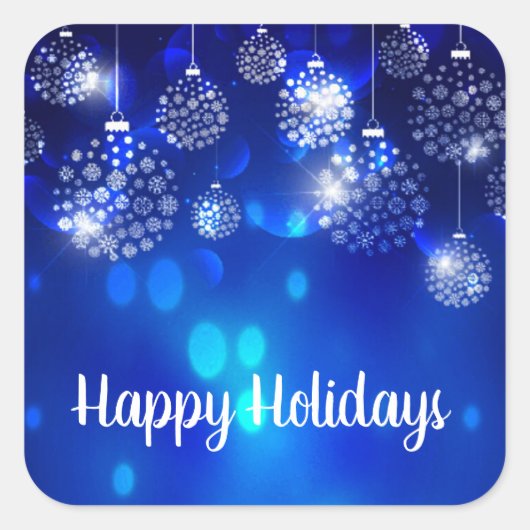 ホワイトオーナメントオンブルーハッピーホリデー スクエアシール (正面)