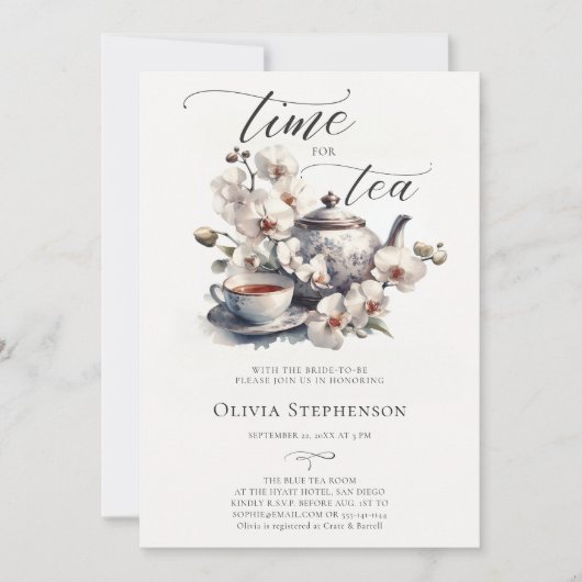 ホワイトオーランズウォーターカラーシックなブライダルティーシャワー 招待状 (正面)