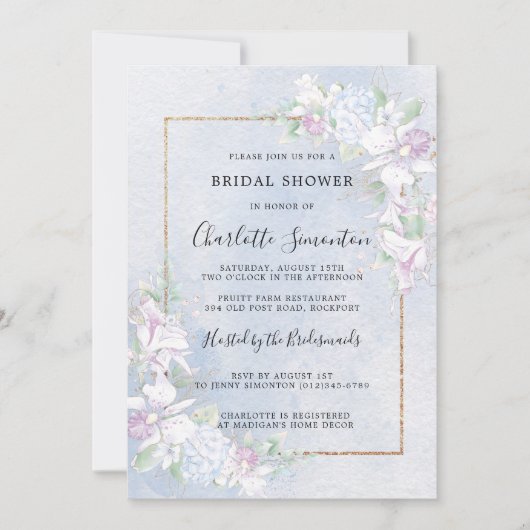 ホワイトオーランズダスティブルーウォーターカラーブライダルシャワー 招待状 (正面)
