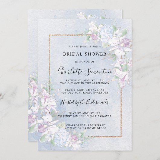ホワイトオーランズダスティブルーウォーターカラーブライダルシャワー 招待状 (正面/裏面)