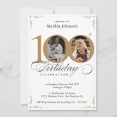 ホワイトカスタム金ゴールド写真100th誕生日パーティー 招待状 (正面)