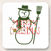 ホワイトカッコいいクリスマスグリーン雪だるま コースター (正面)