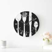 ホワイトカトラリーオンブラックカフェパティスリーレストラン ラージ壁時計 (ホーム)