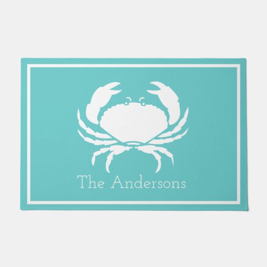 ホワイトカニ航海のとデザインブルーのティール(緑がかった色) ドアマット (正面)