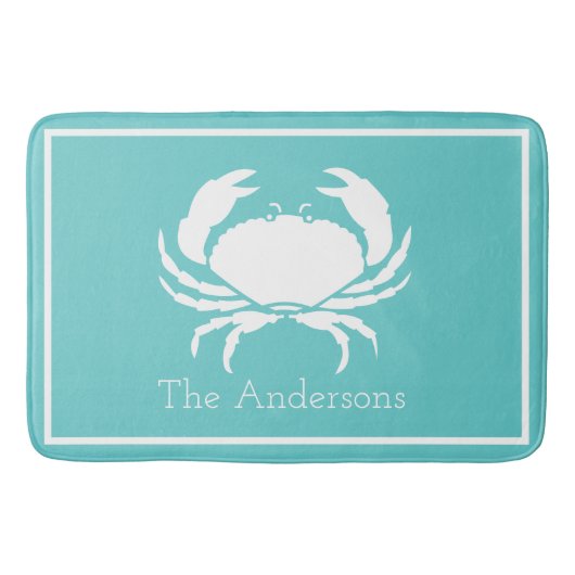 ホワイトカニ航海のとデザインブルーのティール(緑がかった色) バスマット (正面)