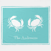 ホワイトカニ航海のとデザインブルーのティール(緑がかった色) フリースブランケット (正面(横))