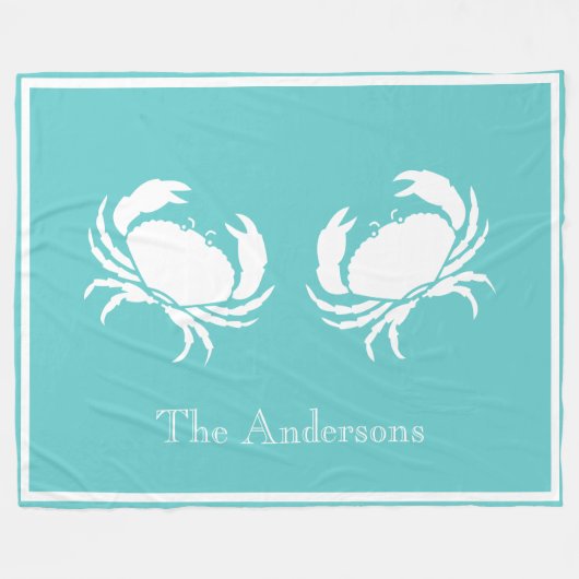 ホワイトカニ航海のとデザインブルーのティール(緑がかった色) フリースブランケット (正面(横))